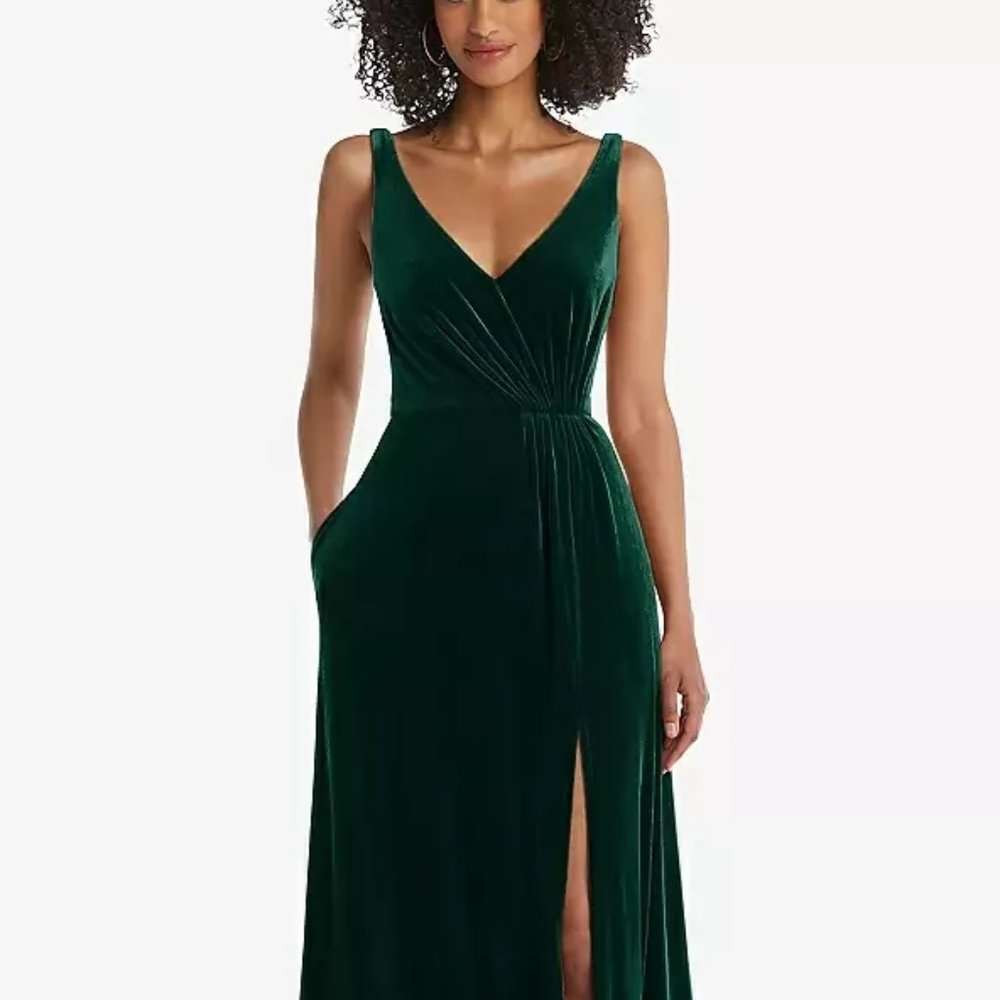 Velvet Maxi Dress with Shirred Bodice and Front Slit..TH085...Evergreen..Size 2